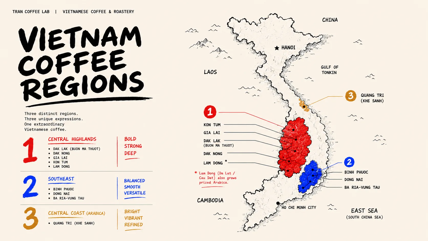 Map of Vietnam's coffee-growing regions, with the Central Highlands, Southeast, and Central Coast marked